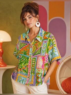 Vintage Bob Mackie Wearable Art 100% Silk Tropical Print Blouse Size 1X